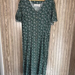 Plus Size VTG 90s Green White Floral Print Silver Button Down Corset Maxi Dress